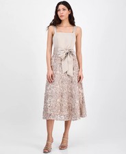 Tahari ASL Midi Formal Dress 12 Champagne Satin & Soutache Sequin NWT $269