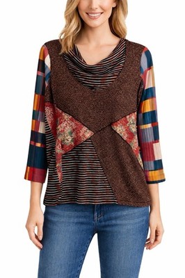 Ali Miles Mixed Media Patch Knit Tunic Top Multi Color Blouse Size M NEW