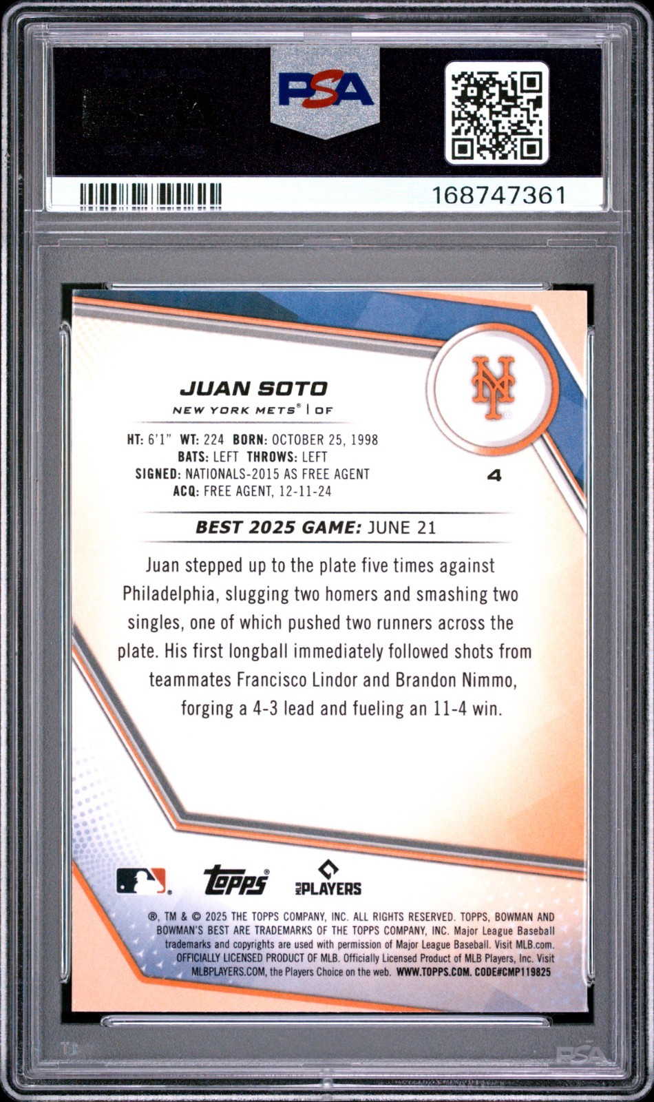 Juan Soto - 2025 Bowman's Best Blue Lazer Refractor   PSA 10  #135/150 view 2