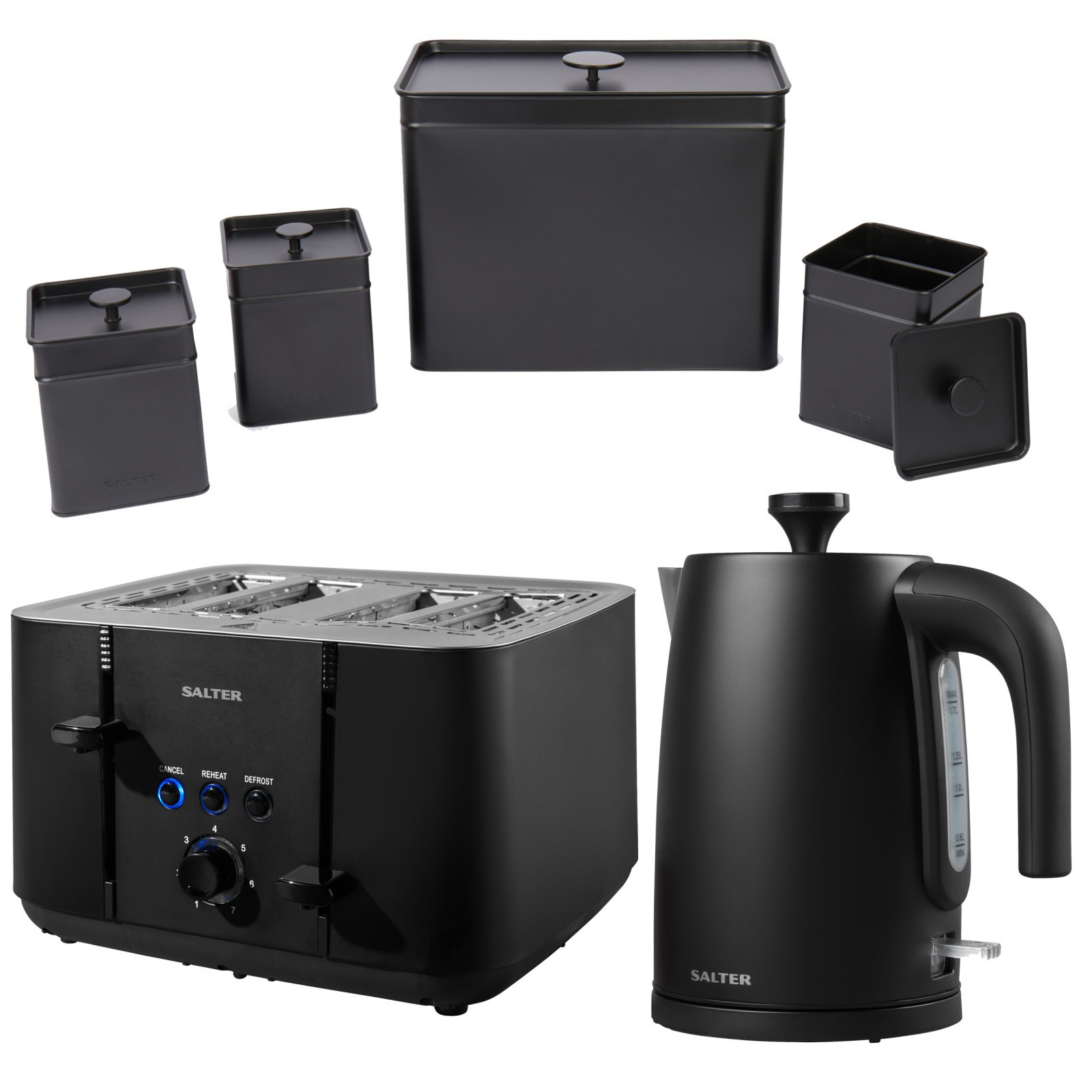 Salter Kuro Black Kettle Toaster Set Canisters Bread Bin Tea/Coffee/Sug