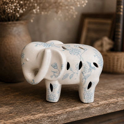 Vintage Ceramic Elephant Diffuser Scented Blue White Floral Home Decor Gift 6''