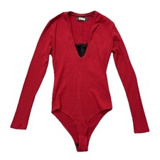 Reformation Bodysuit Ribbed Knit Long Sleeve V Neck Red Feminine Chic Size S