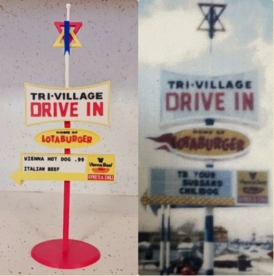TRI-VILLAGE DRIVE IN Custom 3d Printed Miniature Sign 10+'' Tall. UPDATED W/ STAR