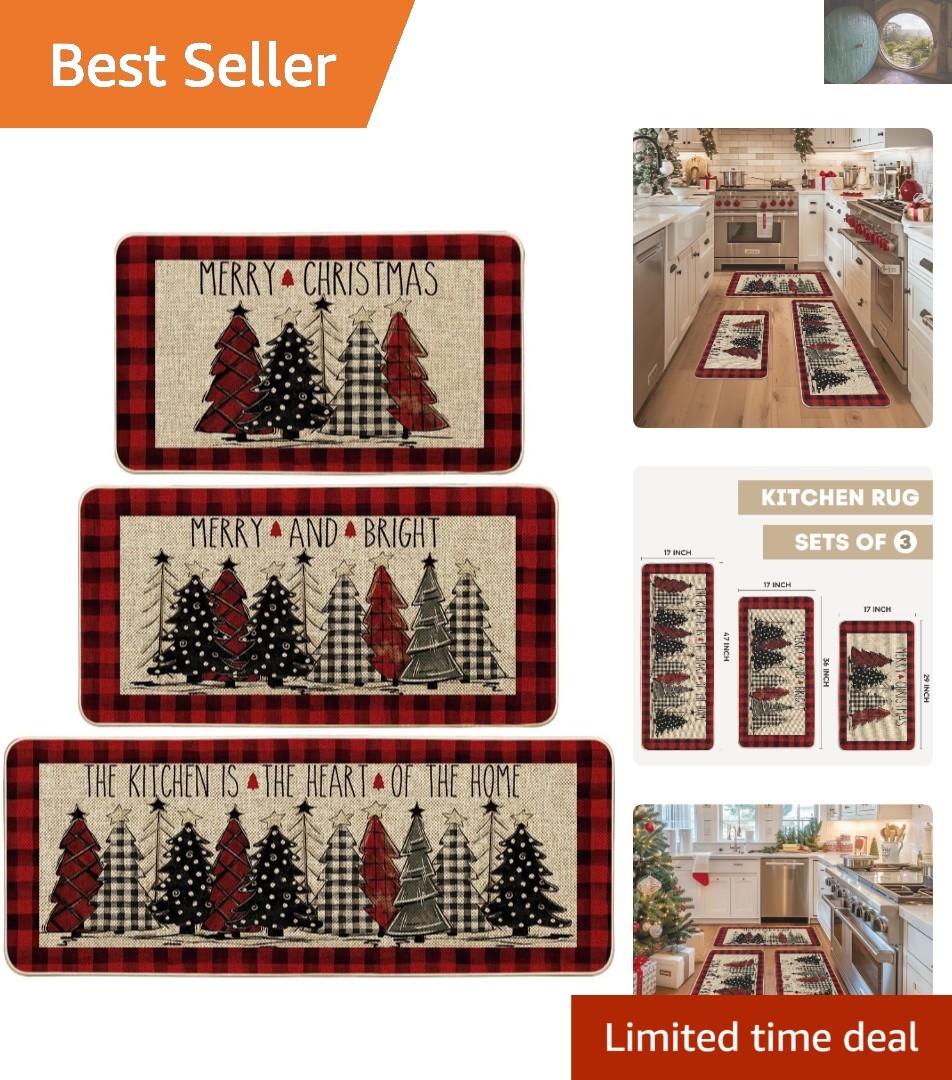 Festive Red Buffalo Plaid Kitchen Mats Set of 3 - Non-Slip Winter Decor