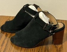 Vionic Kaia Black Suede Peep Toe Stacked Heel Sandals Ankle Buckle Women’s 8.5