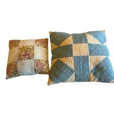 VTG 2 Small Handmade Quilt Pillows Floral Blue Pink Ticking Backing READ