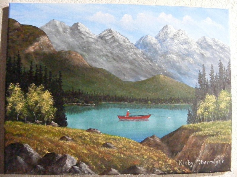 12 x 16 ORIGINAL ART LANDSCAPE PAINTING ROCKY MOUNTAIN LAKE RED CANOE FISHING
