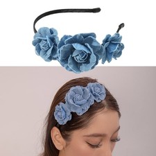 Woman Washed-Denim Headband Fashion Headband with Rose Shape Ladies Headdress