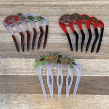 Lot Of 3 Vintage Hand Painted Hair Pins Hair Combs Floral Art Deco Design