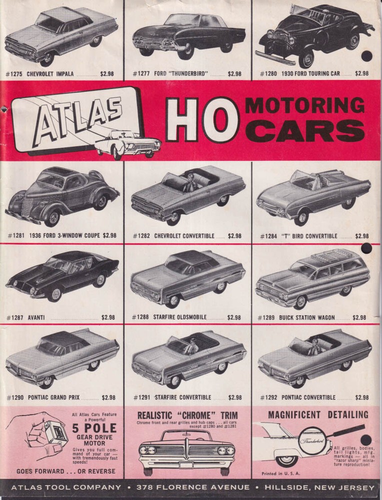 Atlas HO Change-a-Lane Racing Set &  Motoring Cars sell sheet 1962