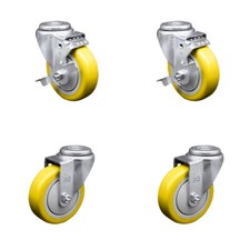 4 Inch SS Yellow Polyurethane Wheel Swivel Bolt Hole Caster Set with 2 Brake SCC