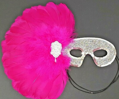 Mardi Gras Silver Sequined Mask Elegant Embellished W/Pink Feather & Faux Pearls