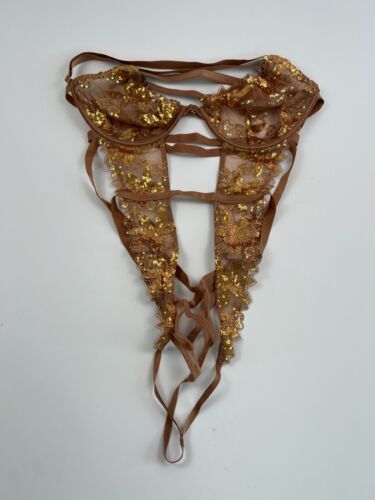 Victoria's Secret Gold Sequin Lace Teddy V String Bodysuit Gold Brown XXL NWT - Picture 4 of 13