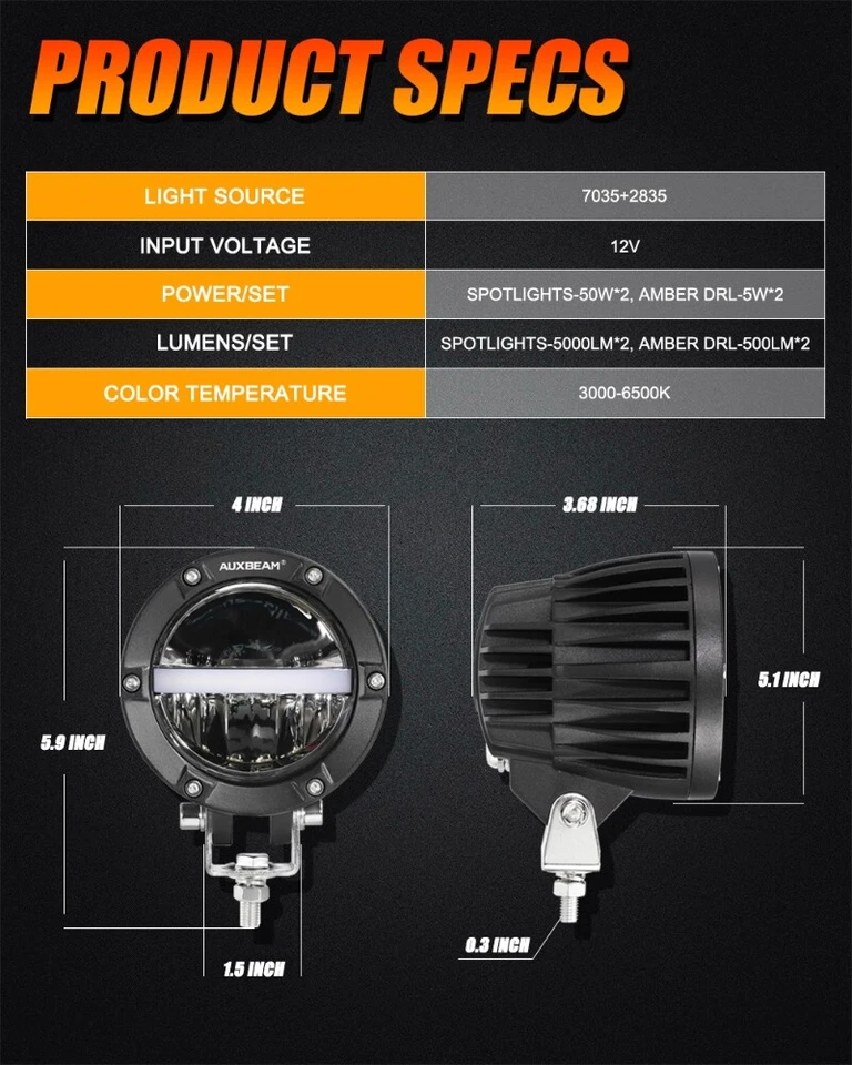 Auxbeam 4IN 110W LED PODS Offroad LED 驱动器灯带琥珀色 DRL FORD BRONCO — 第 2/4 张图片