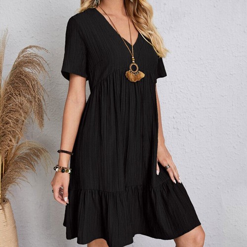 Womens Short Sleeve V Neck Mini Dress Ladies Pleated Ruffle Baggy Solid Dresses - Picture 8 of 17
