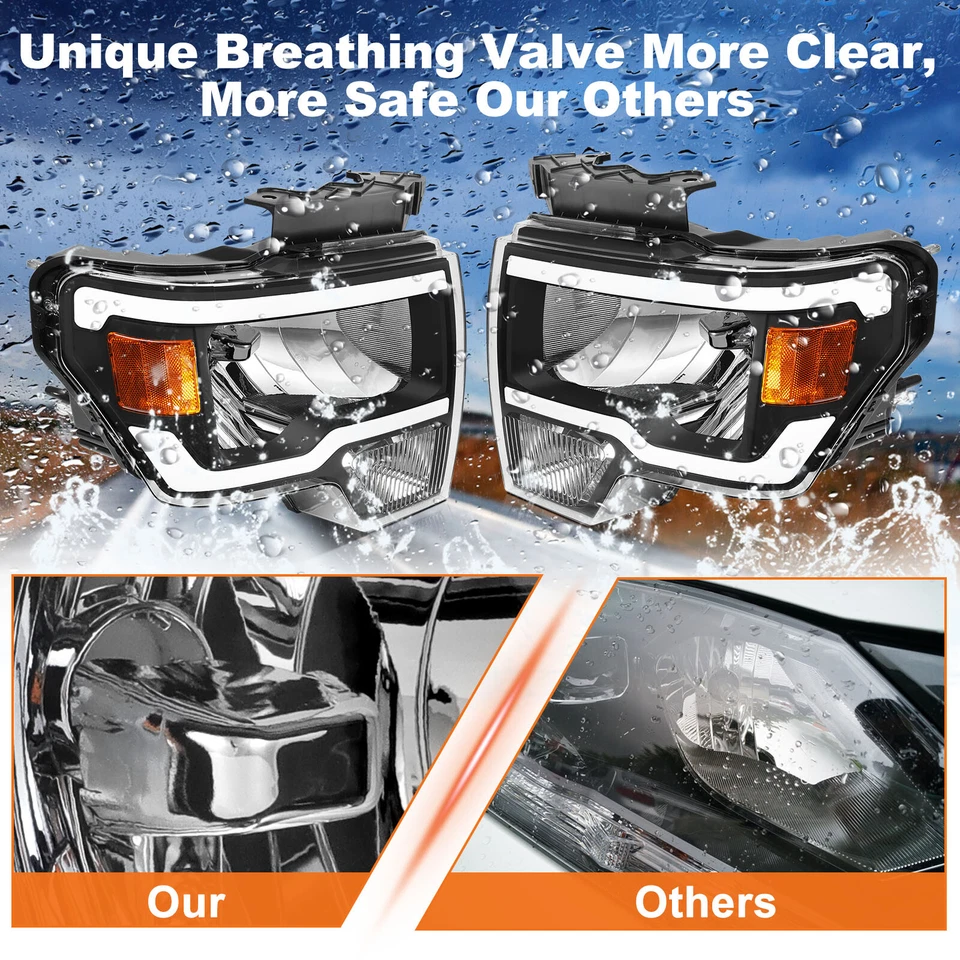 Black LED Tube DRL Headlights Assy Pair For 2009-2014 Ford F150 F-150 Headlamps - Image 4 of 4