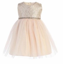 Baby Girls Champagne Gold Brocade Tulle Dress Size 6-12 m Wedding Party Birthday