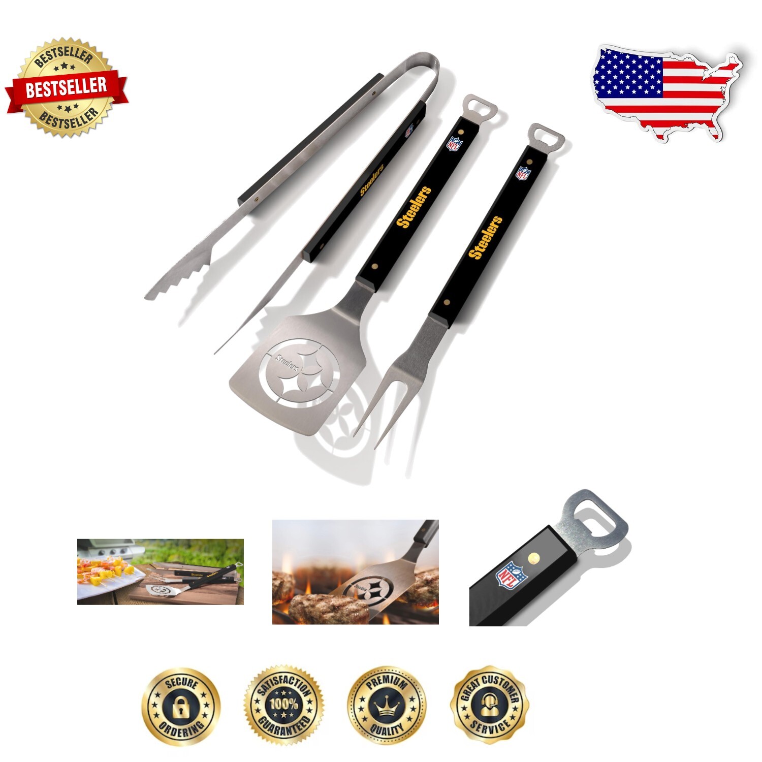 Pittsburgh Steelers Tailgating BBQ Set: Sportula, Tongs, Grill Fork Included