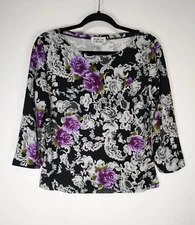Style & Co Size L Large Floral Stretch Bateau Neck 3/4 Sleeve Pullover Top