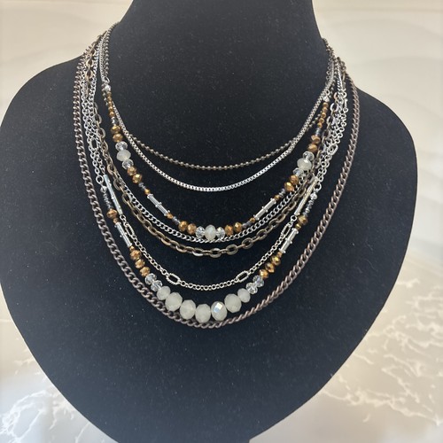 Lot of 2 LOFT Multilayered Multi Metals Sparkly Rhinestone Chain Necklace . - Picture 3 of 14