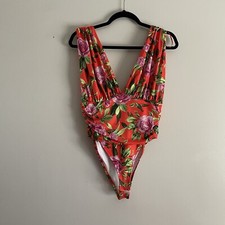 Zara Women M Red Floral Sleeveless Plunge Neckline Ruched Draped Bodysuit NWT