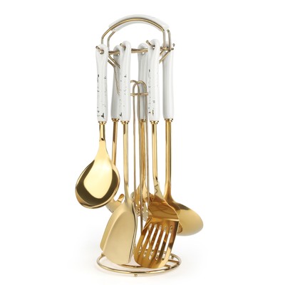 7pcs Stainless Steel Cooking Utensil Set Kitchen Spatula Spoons Kit Gold White