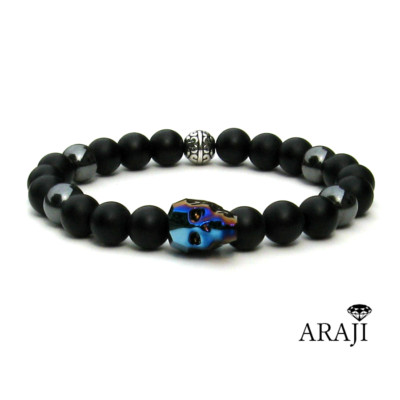 Men's Stretch Bracelet Crystal Swarovski Skull Natural Matte Onyx & Hematite