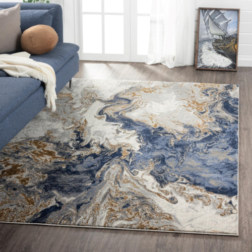 Marble Swirl Abstract Area Rug, Blue 5X7