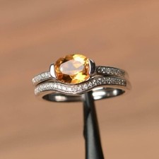2Ct Oval Simulated Yellow Citrine Bridal Engagement Ring 14K White Gold Plated