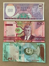 3 Pcs Banknote Lot. Currency Set. Paper Money Turkmenistan Suriname Venezuela
