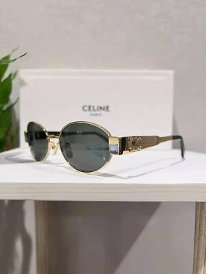 Celine CL40235U 30N Triomphe Metal Oval Sunglasses Gold Green Lens