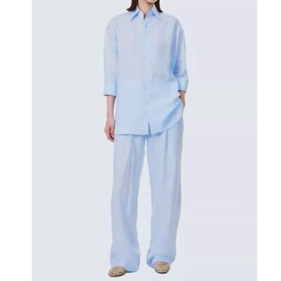 WOERA Baby Blue Minimalist Oversized Linen Shirt Wide Leg Trouser Set