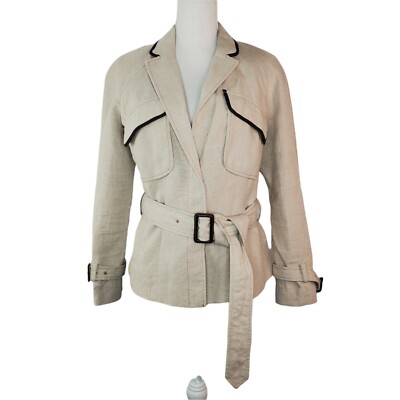 LOFT Safari Jacket Womens 10 Beige Linen Brown Trim Contrast