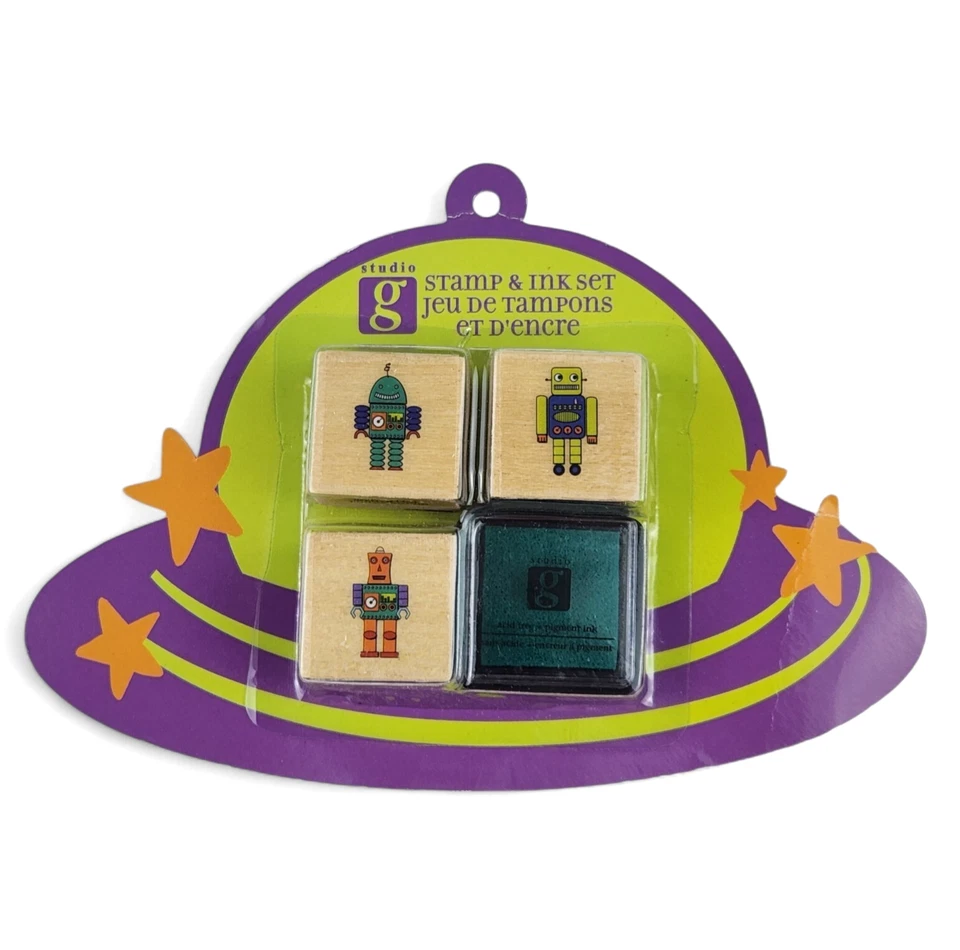 Juego de estampillas de goma y tinta Studio G Robot arte Hampton estampillas nuevas de madera de 1x1 pulgada Foto 2 de 4