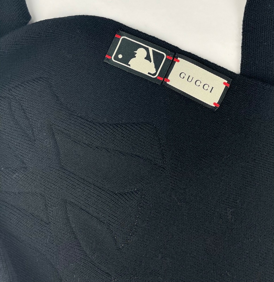 New Gucci NY Yankee Black Wool Scarf With Multi-color Gems
