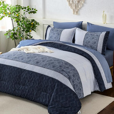 Blue King Size Comforter Set,Striped Boho Bed in a Bag King 7 Pieces Soft Fall B