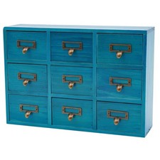 Vintage Holz Schubladen-Organizer Blau | 9 Fächer Mini-Kommode Apothekerschrank