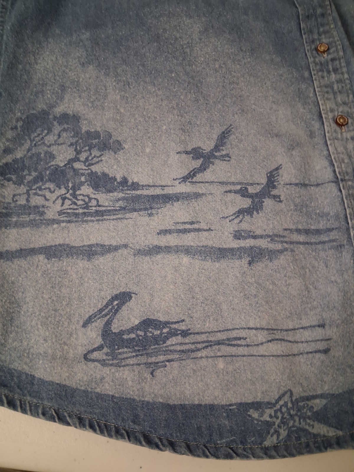 HARRITON Women's **XL Artsy Unique Denim Shirt Water Boats Birds Palm Trees