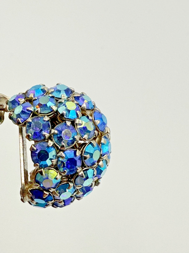 Vintage Blue Aurora Borealis Rhinestone Earrings Cluster Dome Clip On Sparkle - Photo 2/6