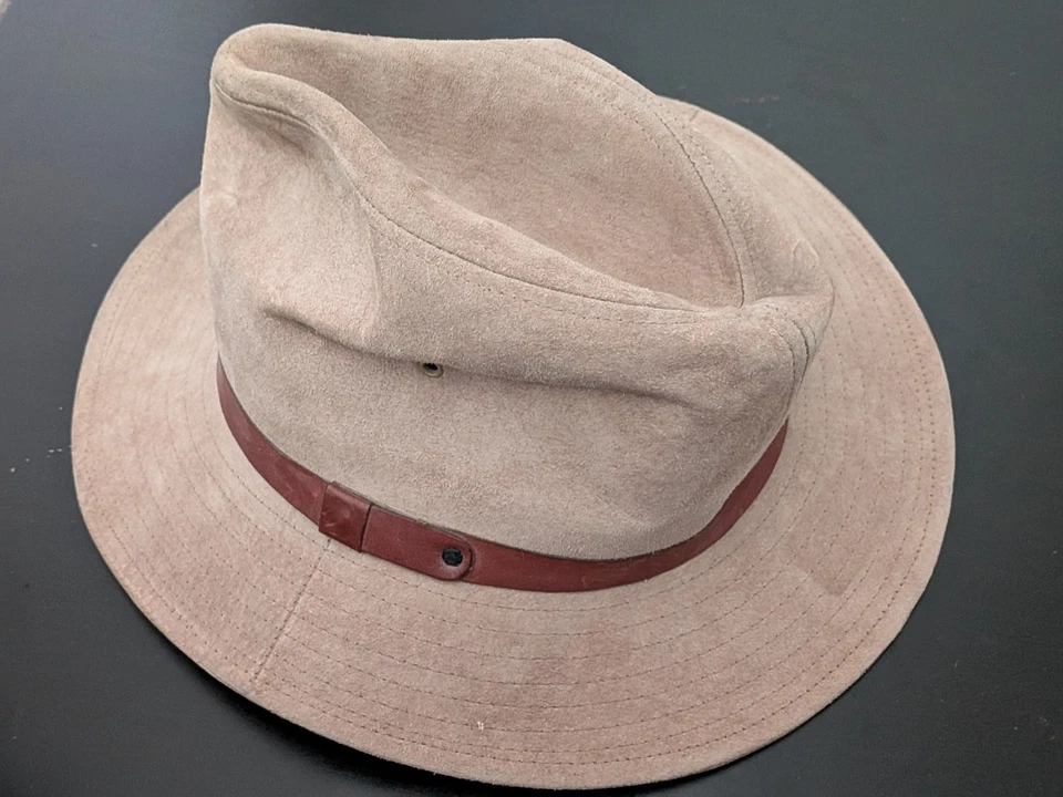 Sombrero Fedora Vintage Gamuza Cuero Exterior Marrón Tostado Grande Hecho en Unión EE. UU. Foto 2 de 4