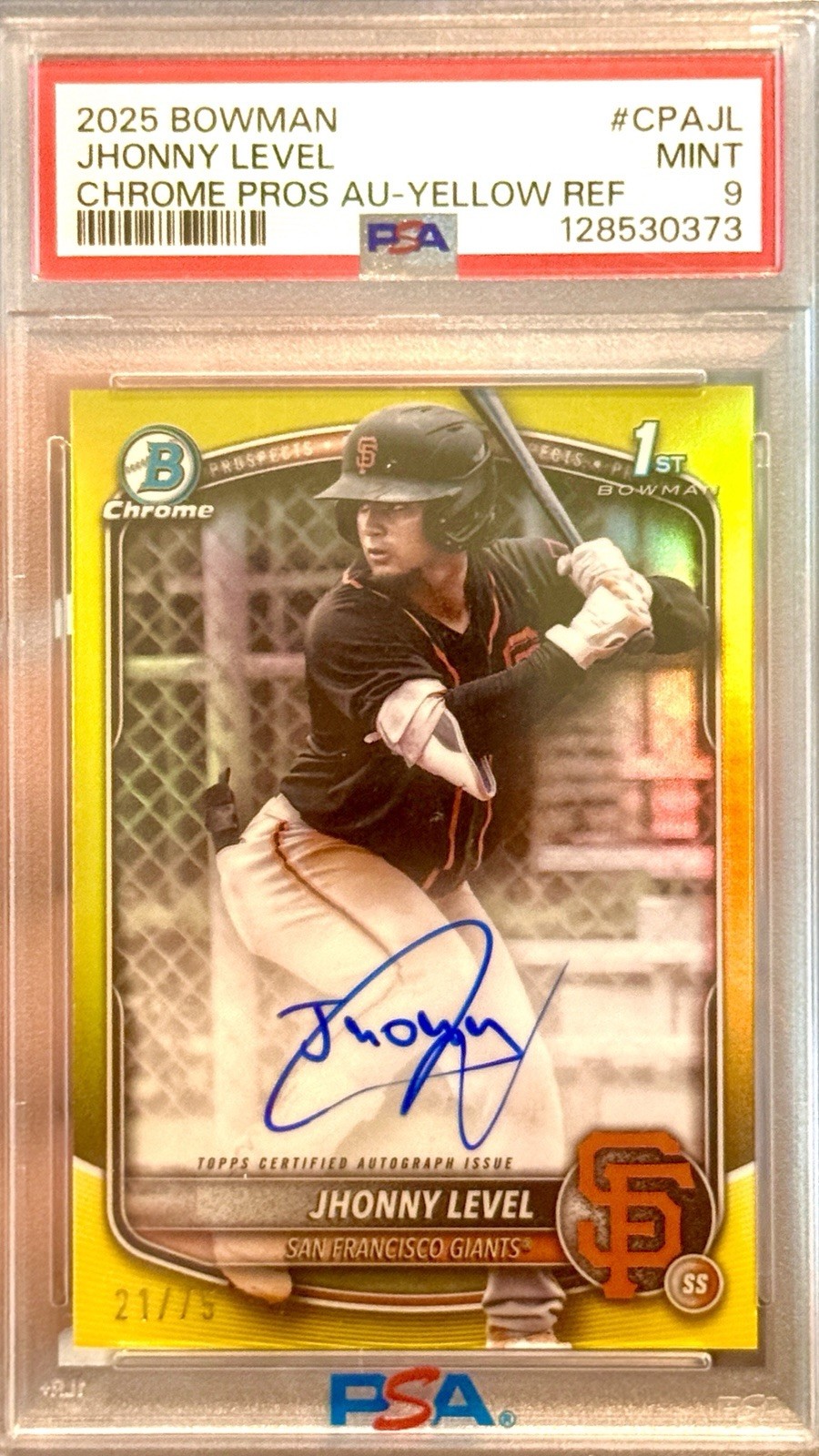 2025 Bowman Chrome Jhonny Level 1st Auto Yellow /75 PSA 9 Giants