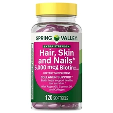 New Spring Valley Hair Skin & Nails Supplement Softgels 5000 mcg Biotin, 120 Ct