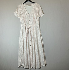 Loft Dress Womens 8 White Pink Polka Dot Maxi Short Sleeve Button Up V Neck