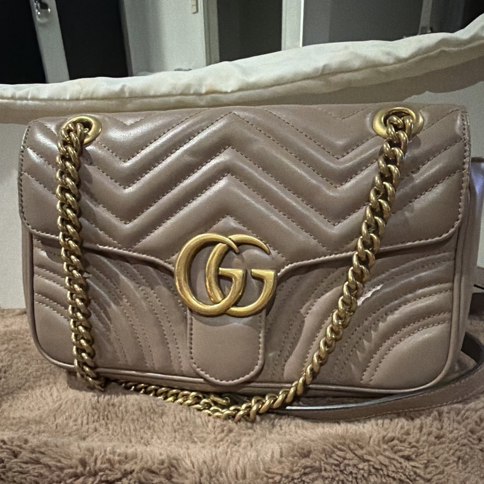 Gucci GG Marmont Small Matelassé Dusty Pink Leather Shoulder Bag Chain Strap