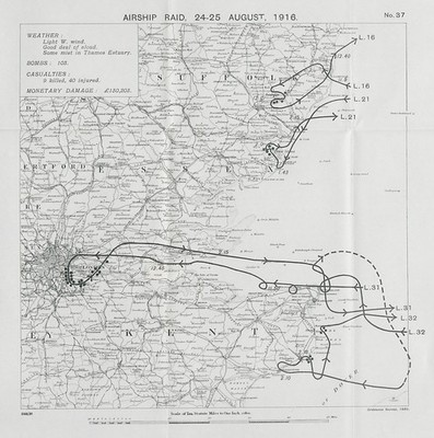 WW1 German Airship raid 24.-25 August 1916 London Dover Ipswich Deal 1930 map