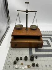 Antique Portable Brass Balance Scale Wooden Base  Weights! F