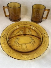 VTG Tiara Exclusives Amber Glass Child Nursery Rhyme Plate Mug Set 3Pc Indiana