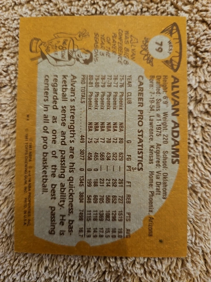 1981-82 Topps - Alvan Adams #79W - Image 2 of 2