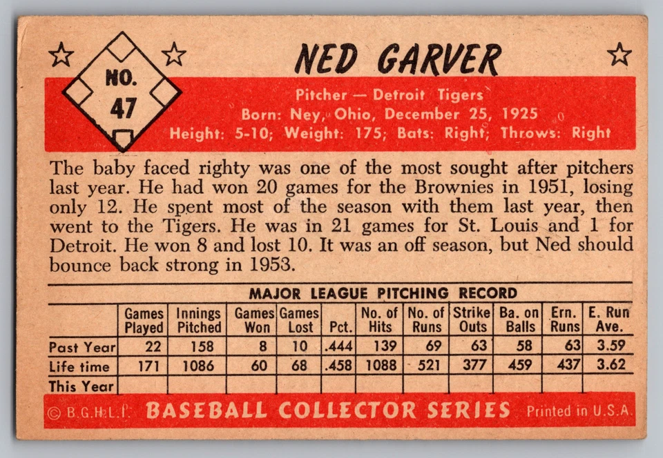 1953 BOWMAN ЦВЕТ #47 NED GARVER ТИГРЫ - Изображение 2 из 3