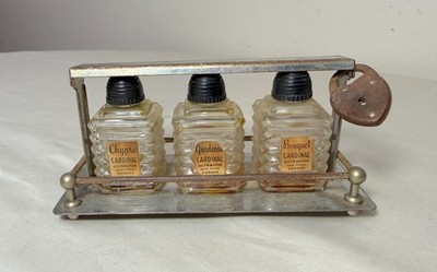 vintage miniature Cardinal perfume scent bottle 3 trio nickel plate caddy set